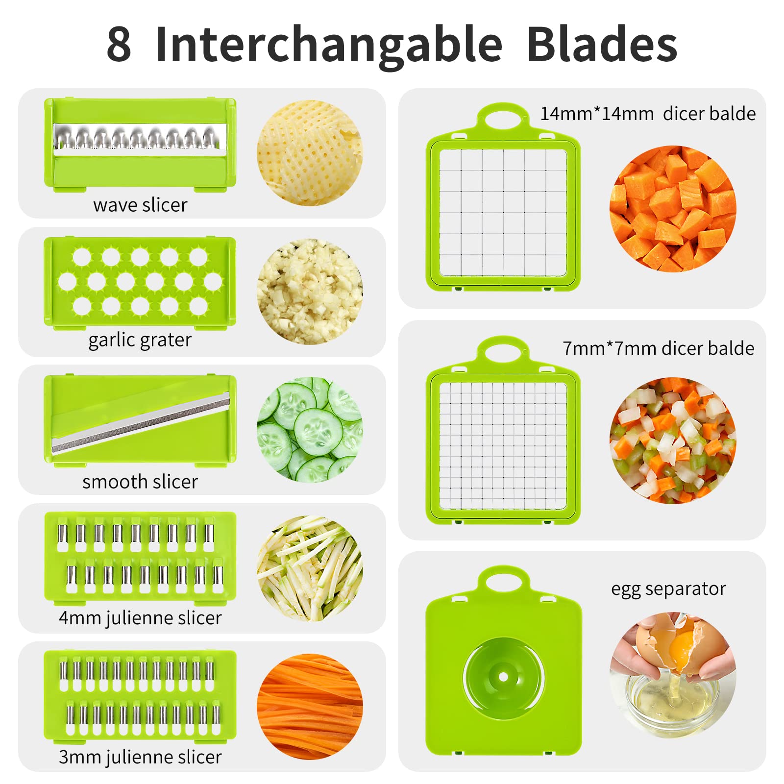 Senbowe 8-blades interchangeable set enables slicing, dicing, and grating.