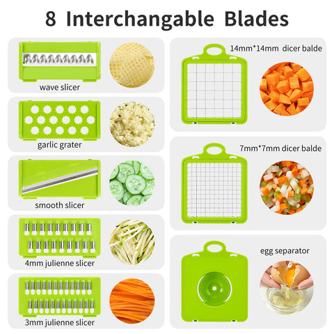 Senbowe 8-blades interchangeable set enables slicing, dicing, and grating.
