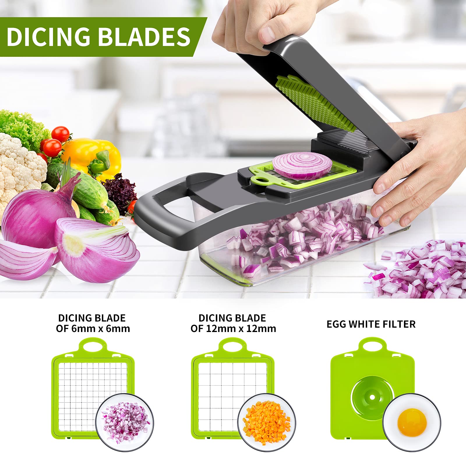 Senbowe dicer-slicer in action for crisp prep of potatoes and carrots.