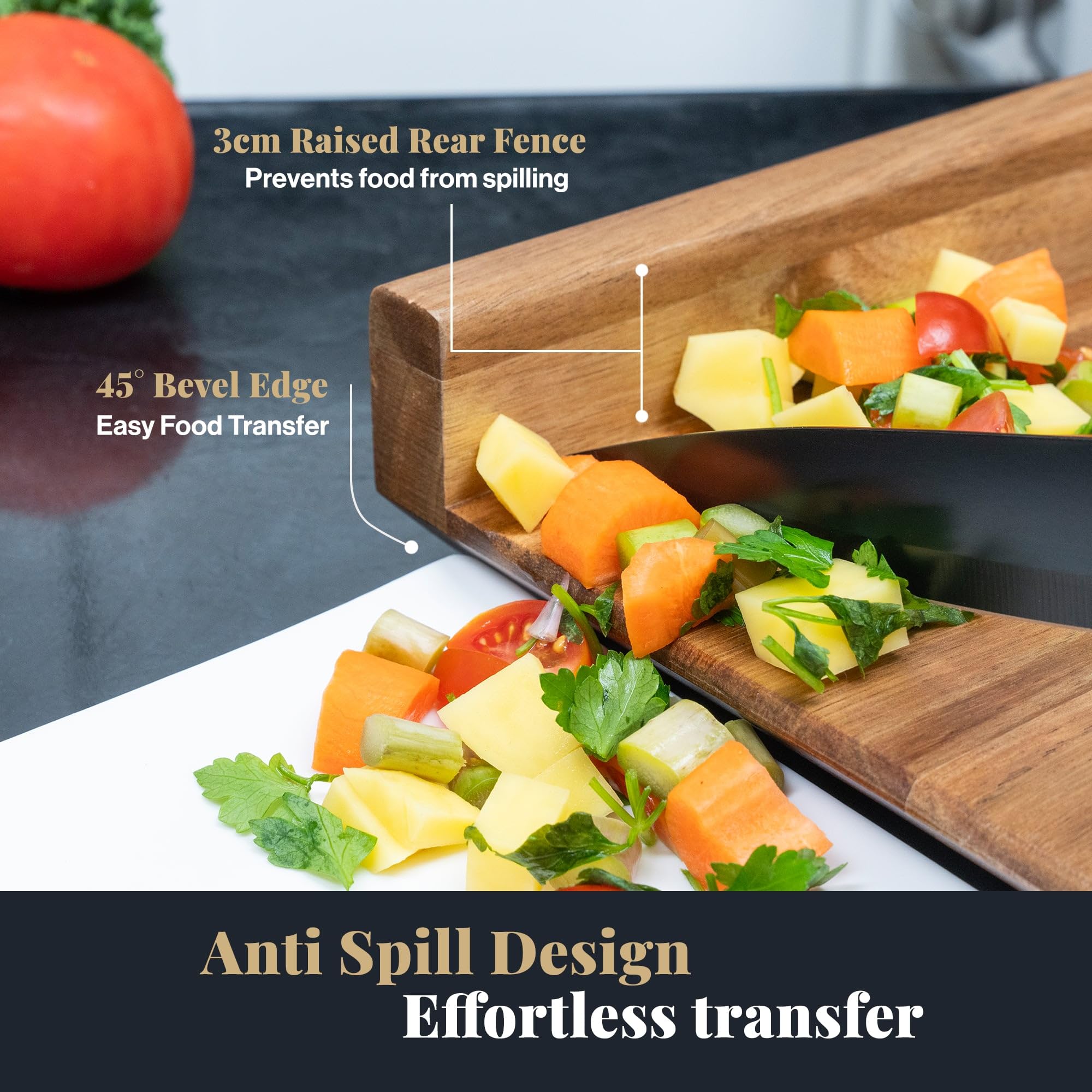 SENDAR Adaptive Cutting Board beveled edges enable smooth transfer to plate