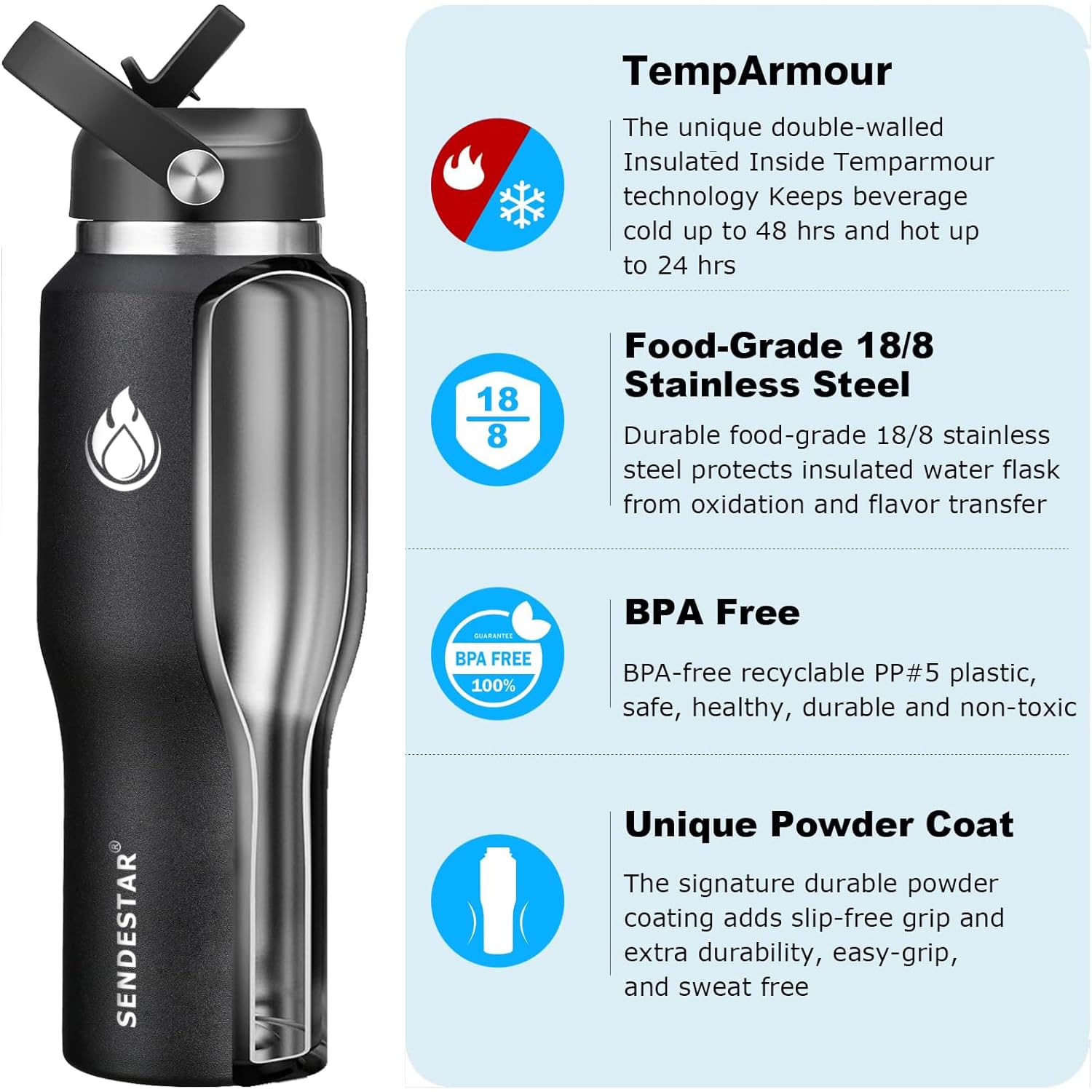 SENDESTAR vacuum-insulated bottle preserves cold for hours