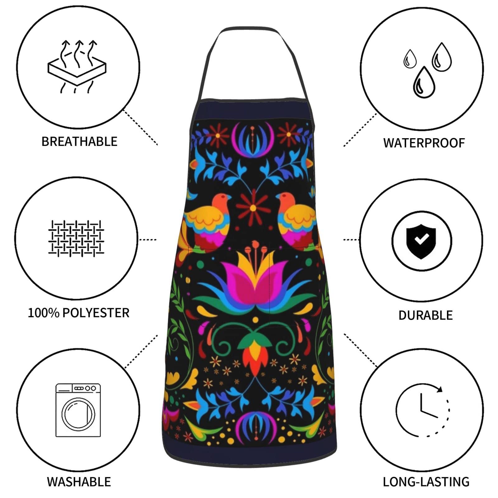Senheol Day of the Dead apron shows colorful flowers and birds design.