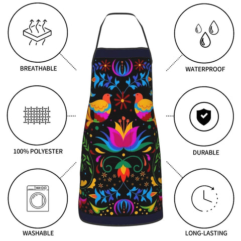 Senheol Day of the Dead apron shows colorful flowers and birds design.
