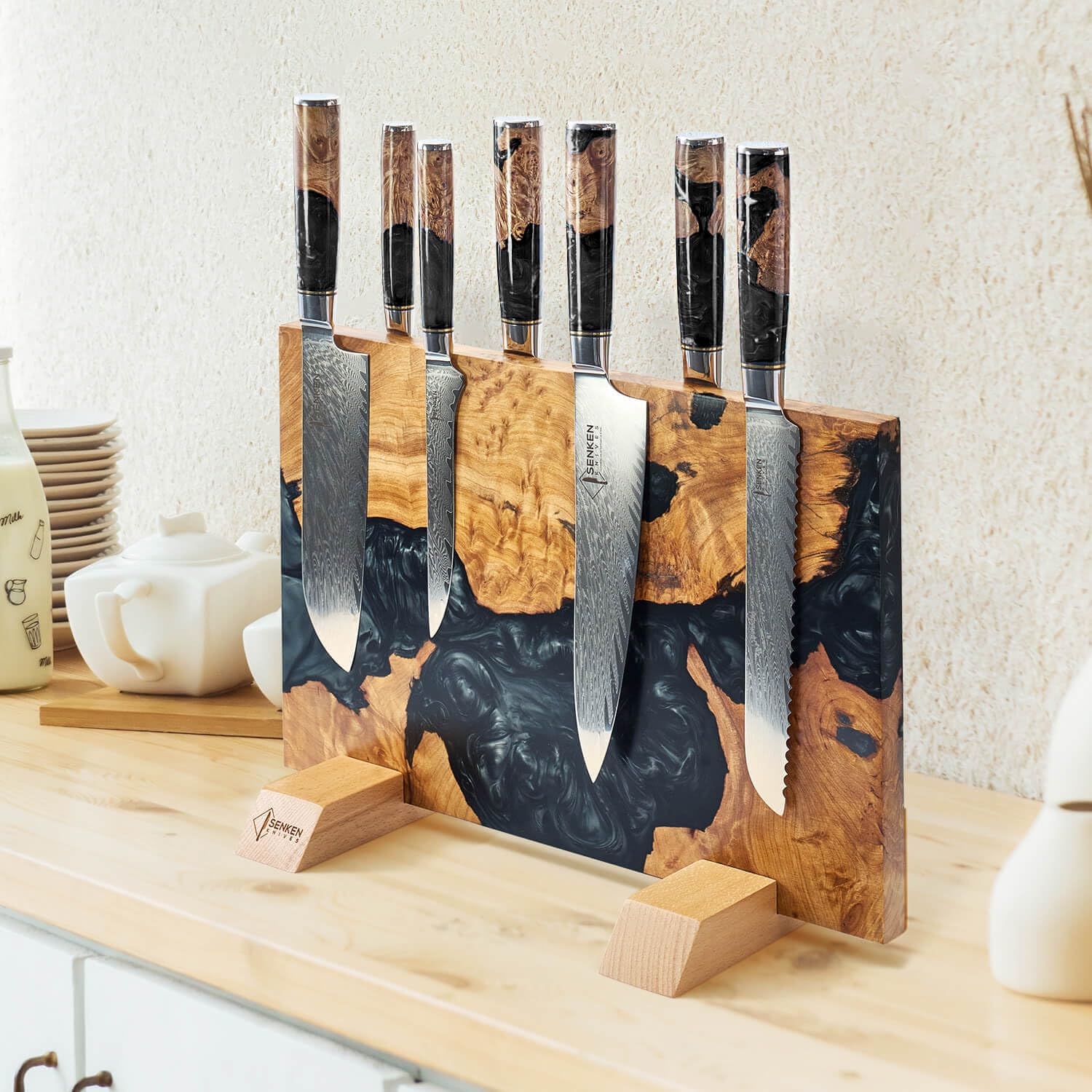 Senken Knives Black Tsunami block in kitchen use with tools