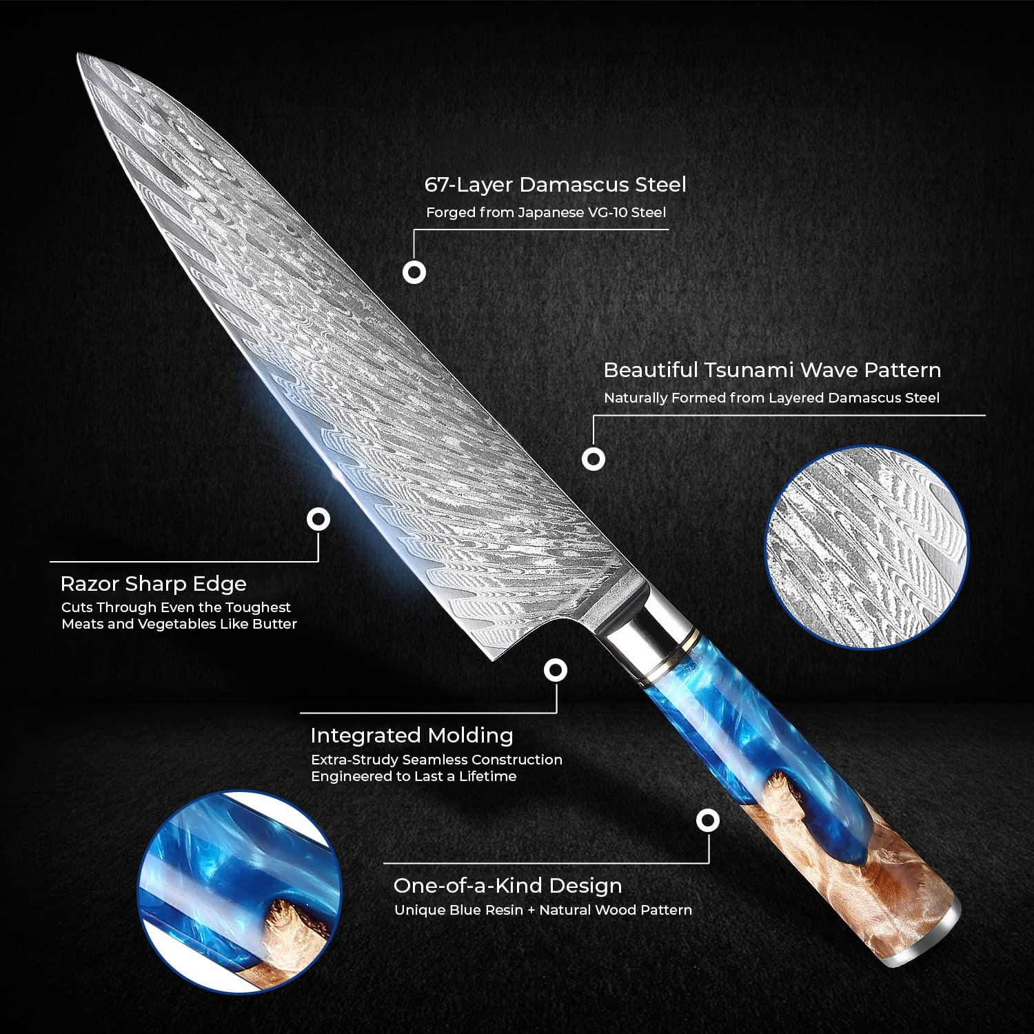 Senken Tsunami knife lineup with wood handle shows ergonomic grip for precise cuts.