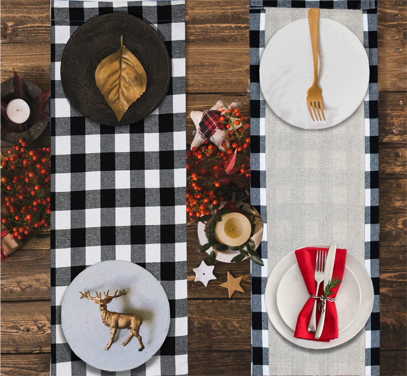 Senneny plaid runner complements Christmas decor for festive table settings.