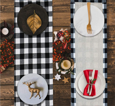 Senneny plaid runner complements Christmas decor for festive table settings.