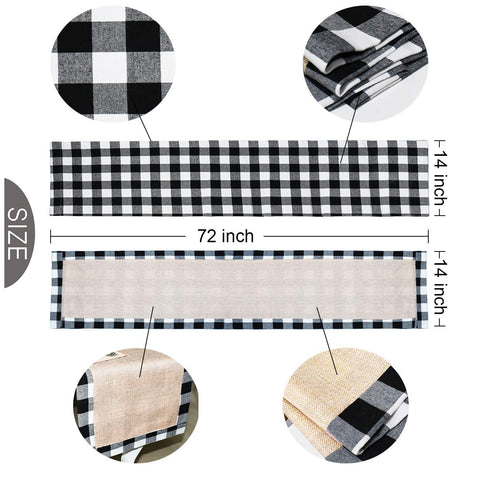Senneny reversible table runner shows black-white buffalo plaid for versatile styling.
