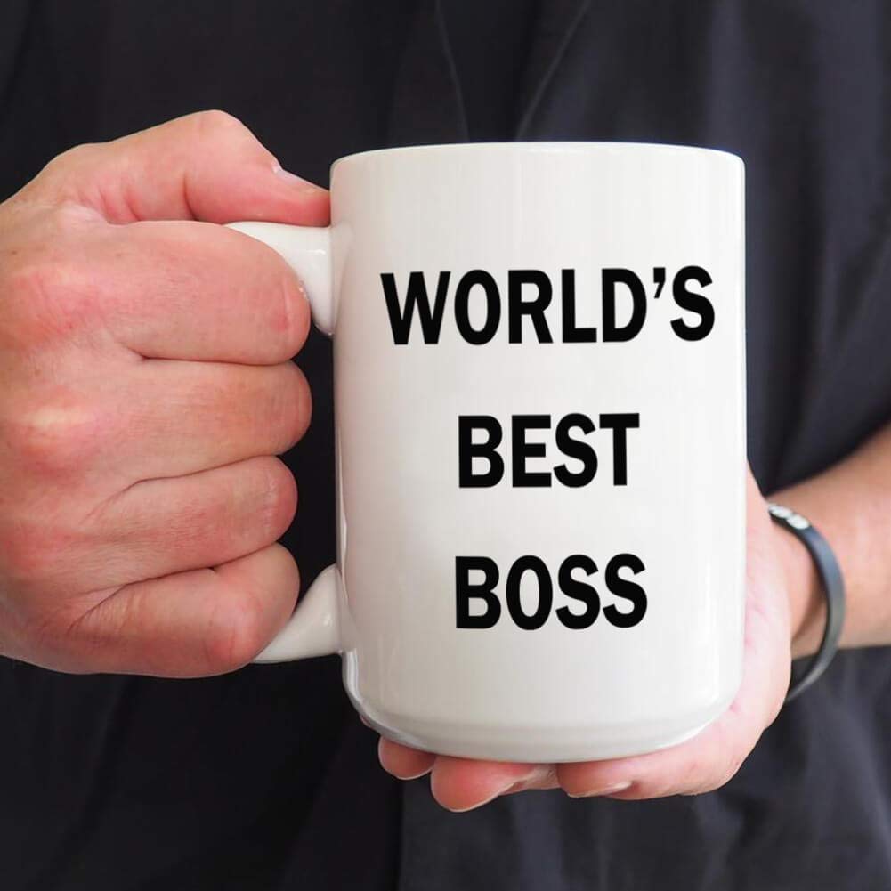 senooe Dunder Mifflin Worlds Best Boss mug back view, suitable for both left- and right-handed use.