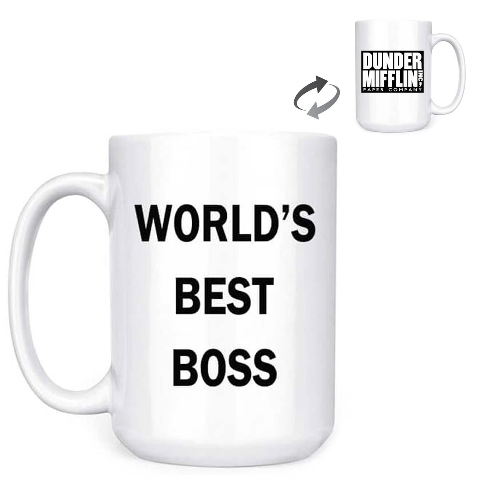 senooe Dunder Mifflin Worlds Best Boss mug front view, ideal for daily office coffee moments.
