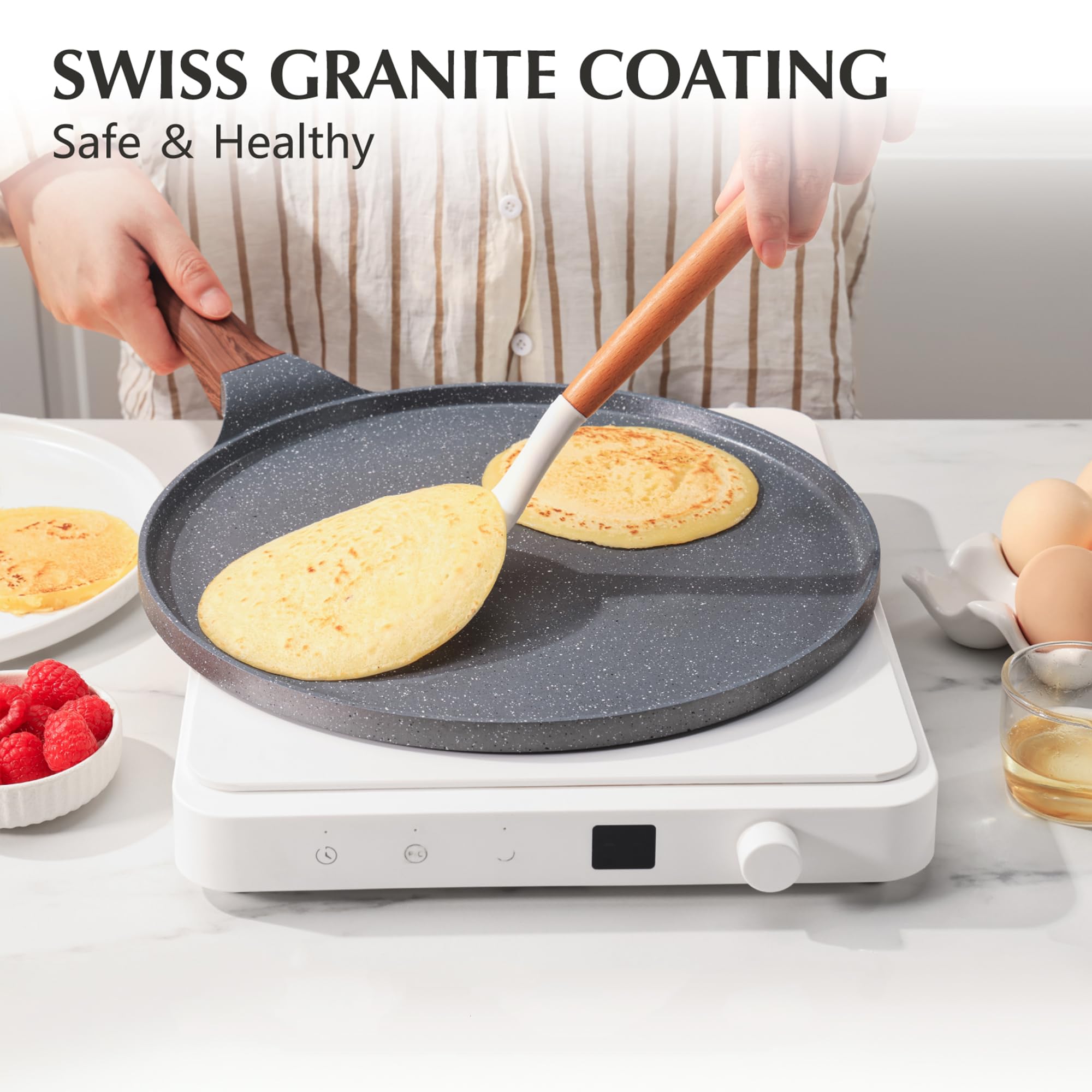 SENSARTE 10-inch crepe pan in use for perfect crepes with little oil.