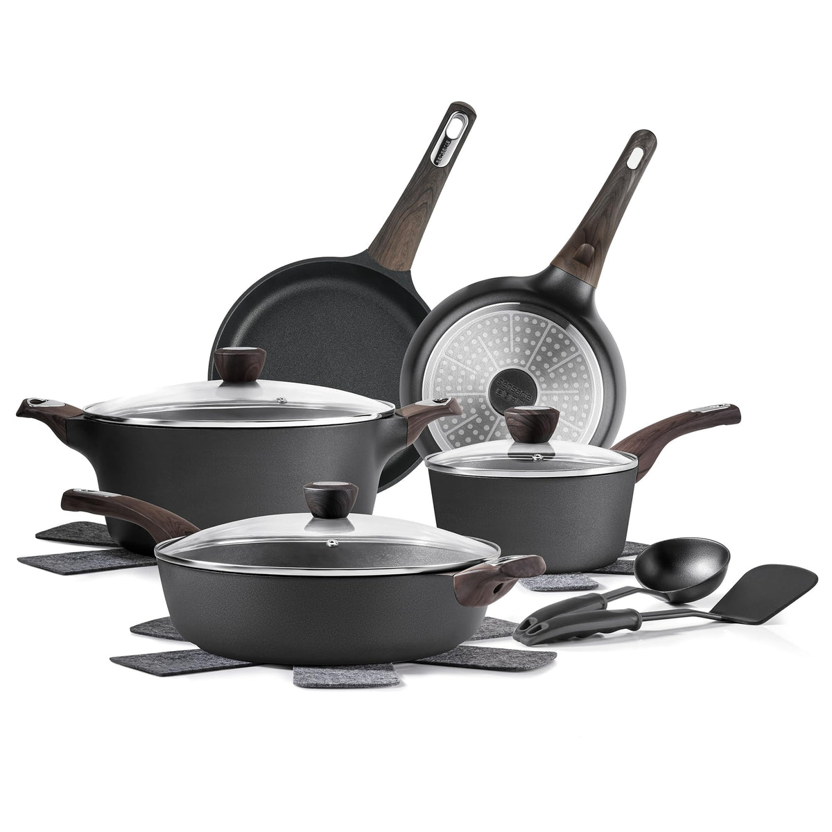 SENSARTE 14pc nonstick cookware set, overview shot highlighting complete versatility for easy weeknight dinners.