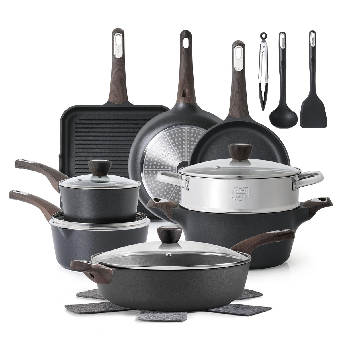 SENSARTE 20-piece pots and pans set on induction stove for versatile, even cooking.