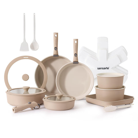 SENSARTE 24-piece ceramic cookware set with removable handles for compact storage.