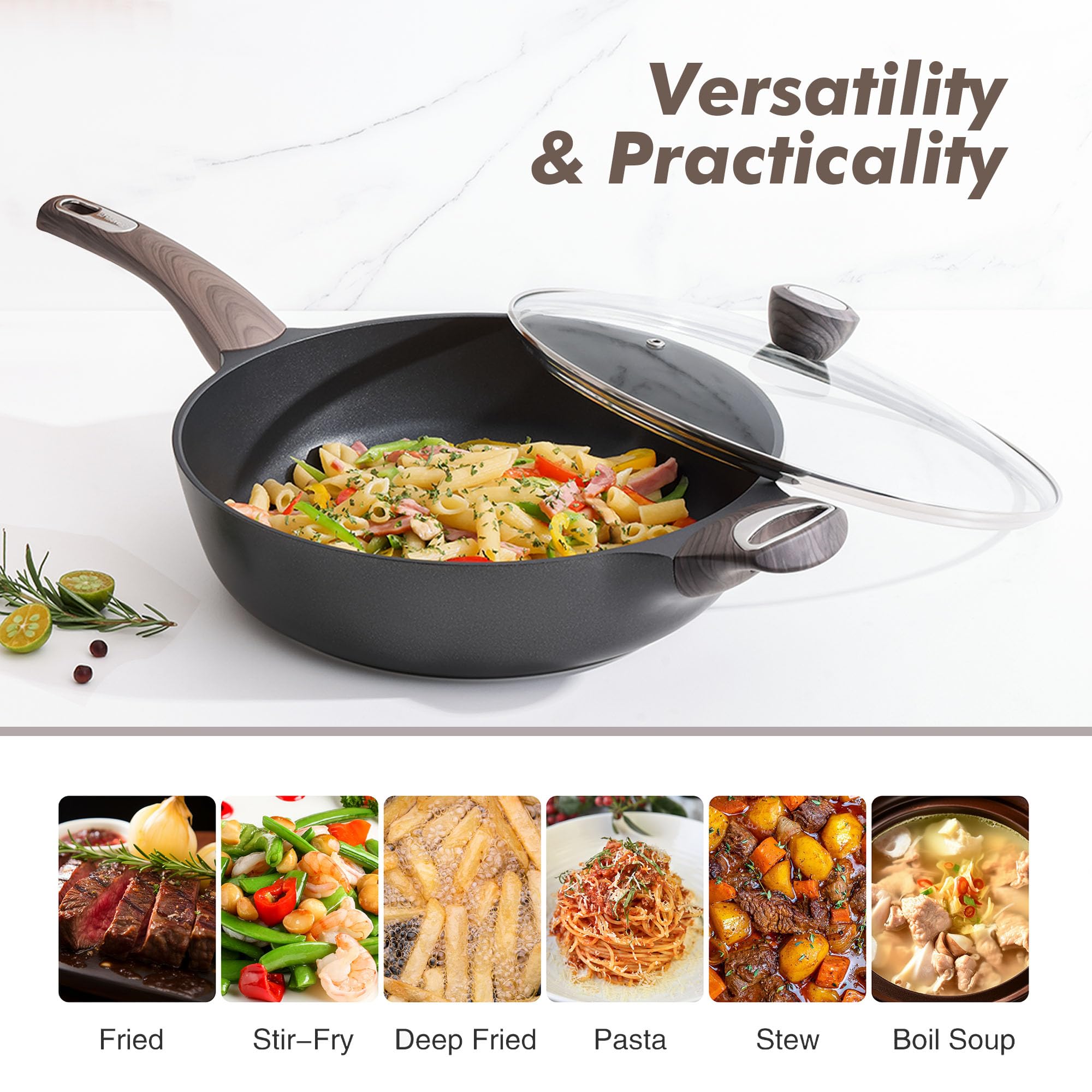 SENSARTE 5 Qt deep skillet is versatile for sautéing and braising.