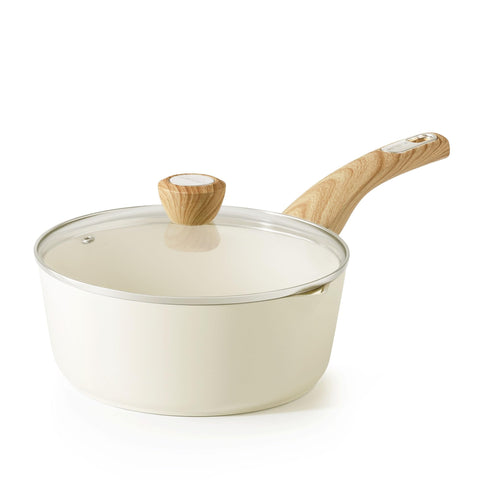Sensarte 3-quart ceramic nonstick sauce pan with double pour spout for easy pouring.