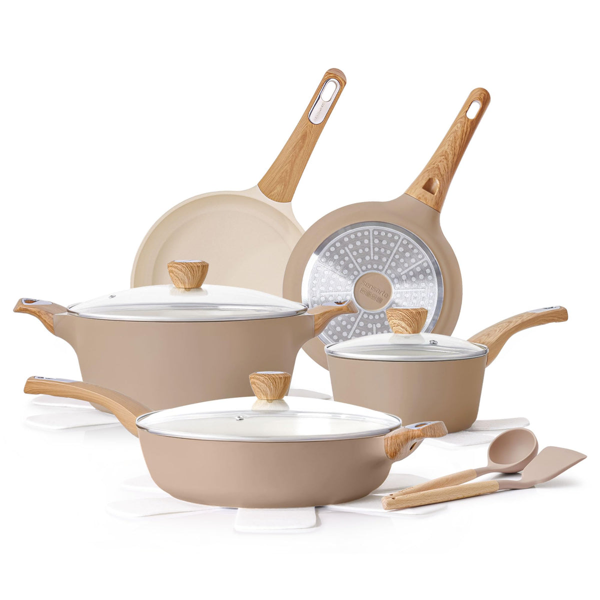 SENSARTE ceramic pots and pans set frying pans for low-oil cooking and easy release.