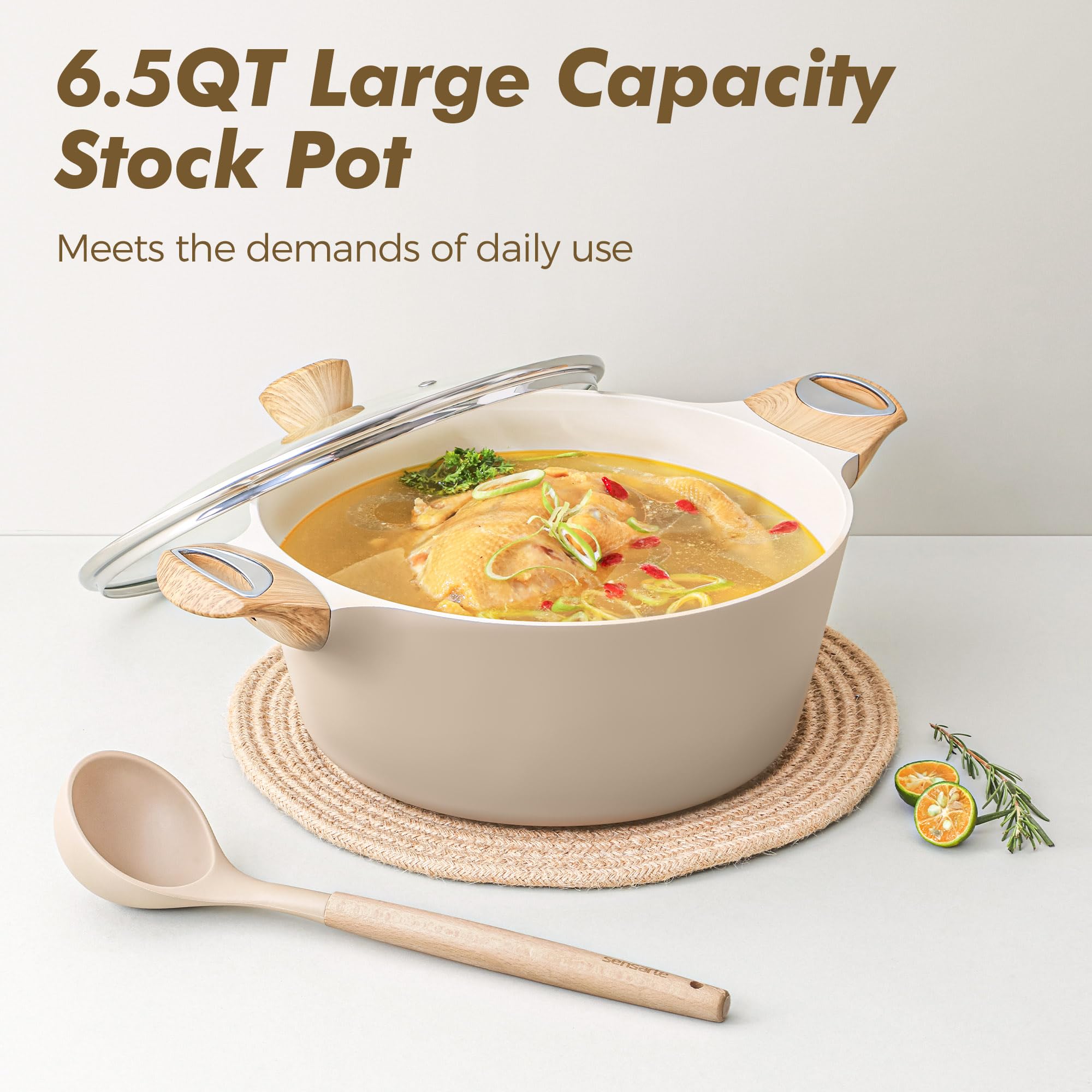SENSARTE ceramic pots and pans set stay-cool handle for safe, comfortable grip.