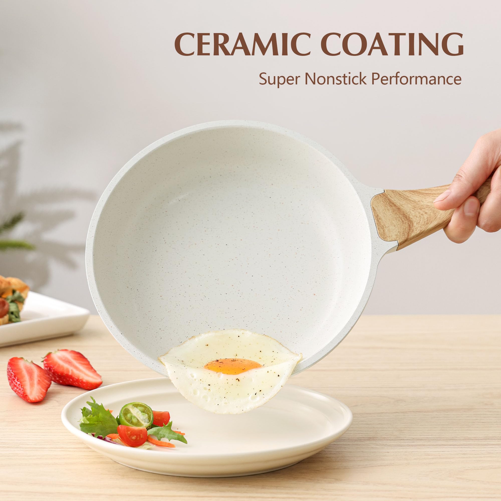 SENSARTE 9.5-inch ceramic pan with lid for quick, healthy meals with minimal oil.