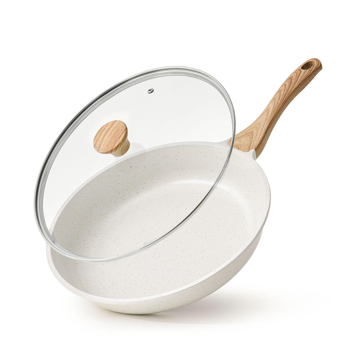 SENSARTE nonstick ceramic frying pan with lid shows smooth release for easy cooking.