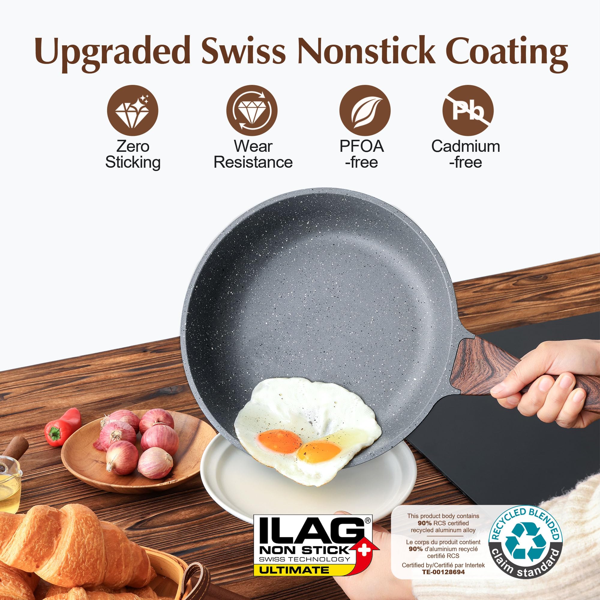 SENSARTE 9.5-inch pan pouring omelette with smooth release.