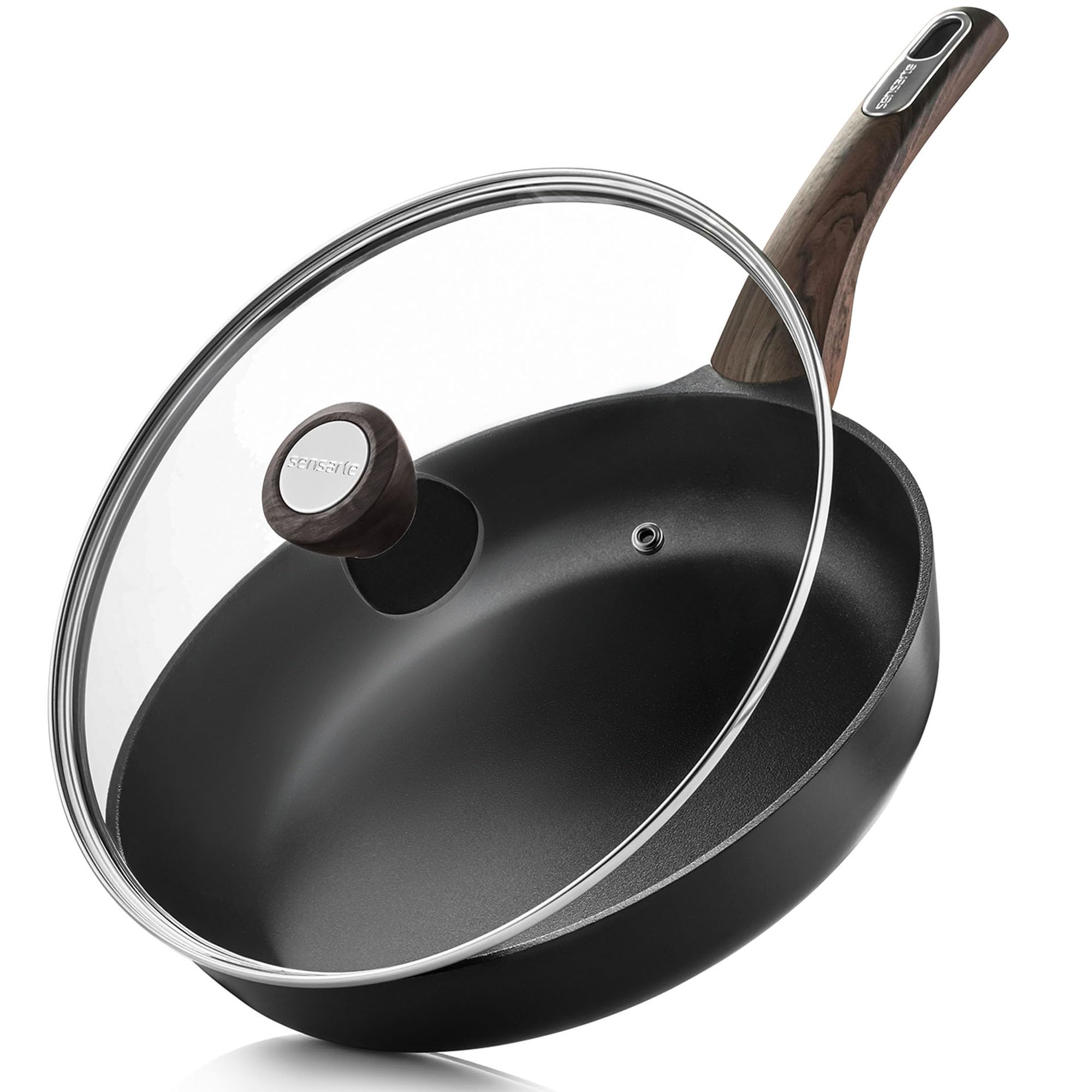 SENSARTE 9.5in nonstick pan with lid on stove for easy release.