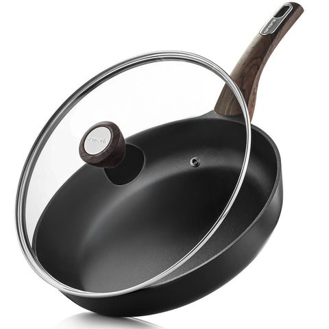 SENSARTE 9.5in nonstick pan with lid on stove for easy release.