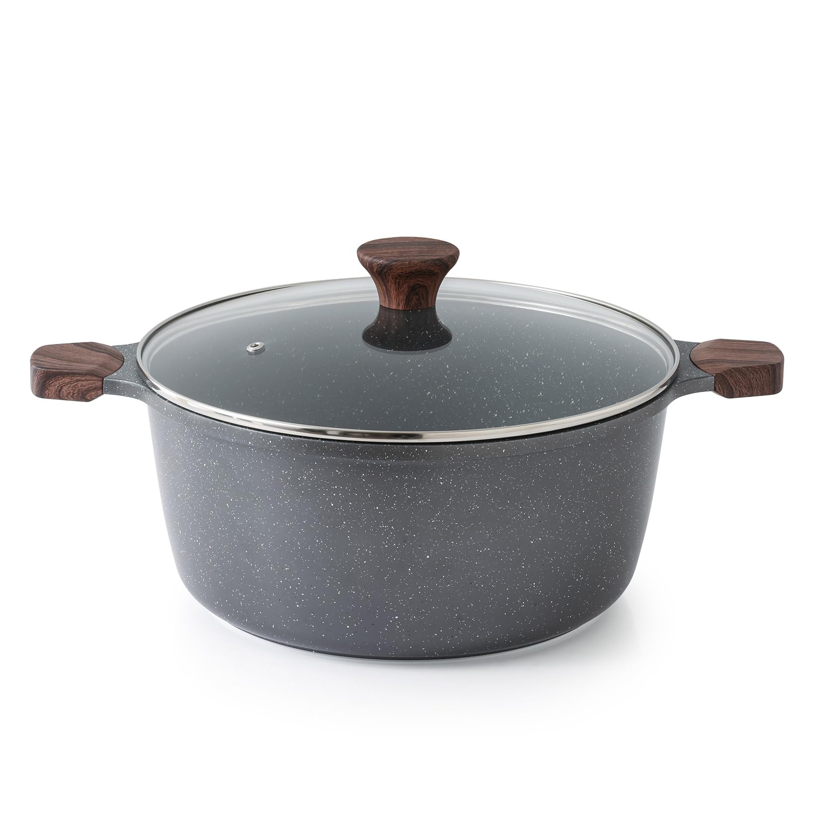 Sensarte 7qt stock pot with lid shows smooth granite coating for easy, low-oil cooking