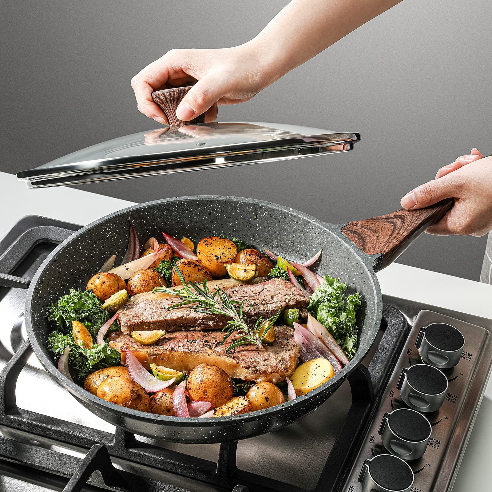 Sensarte omelet pan with lid shows even browning for fluffy eggs.