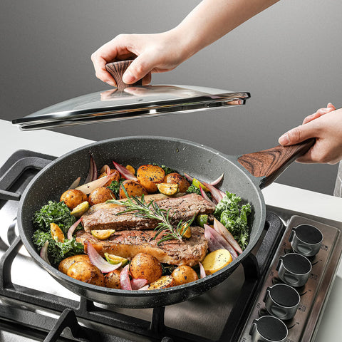 Sensarte omelet pan with lid shows even browning for fluffy eggs.