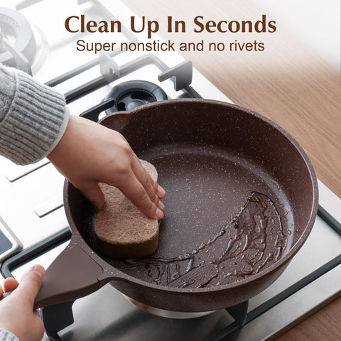 SENSARTE pour-spout saute pan minimizes drips during sauces and oils.