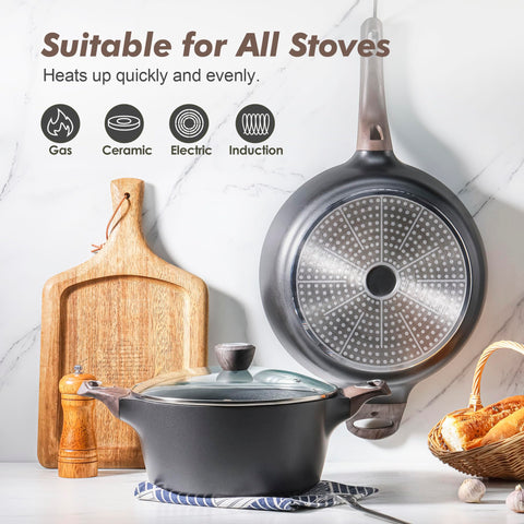 SENSARTE scratch-resistant nonstick surface helps low-fat cooking with easy release.