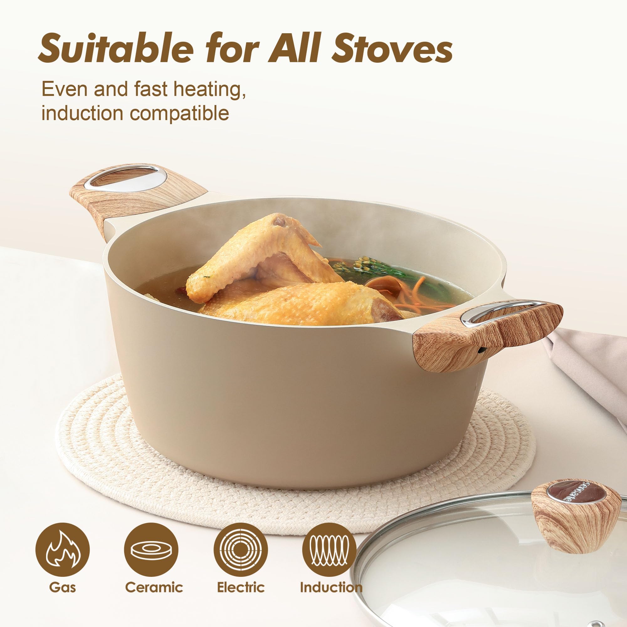SENSARTE nonstick stock pot supports braising, boiling, and steaming with less oil.