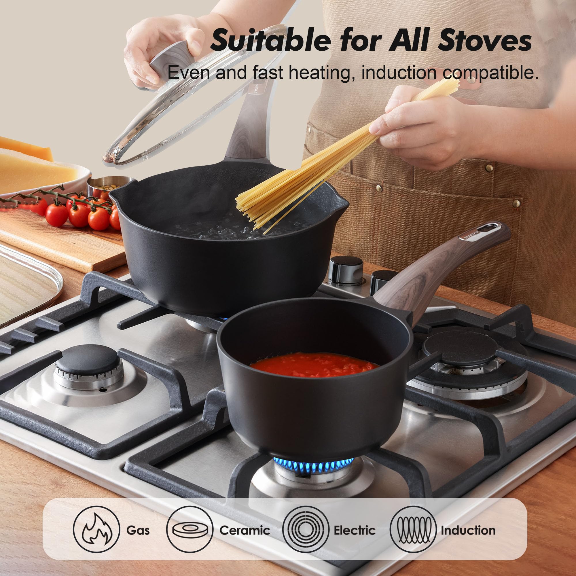 Stay-cool handle and glass lid for safe handling and visibility
