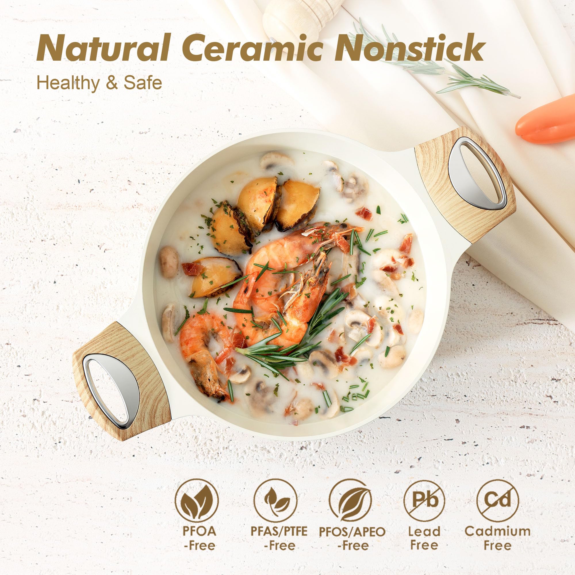 SENSARTE stock pot with wood-grain handle for comfortable grip during cooking.