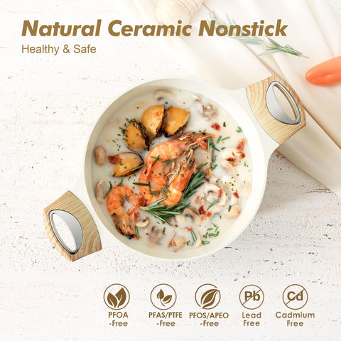 SENSARTE stock pot with wood-grain handle for comfortable grip during cooking.