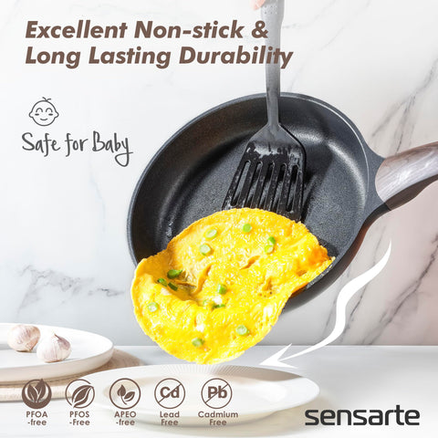 SENSARTE frying pans highlight wooden Bakelite handles for comfortable, cool-touch grip during cooking.