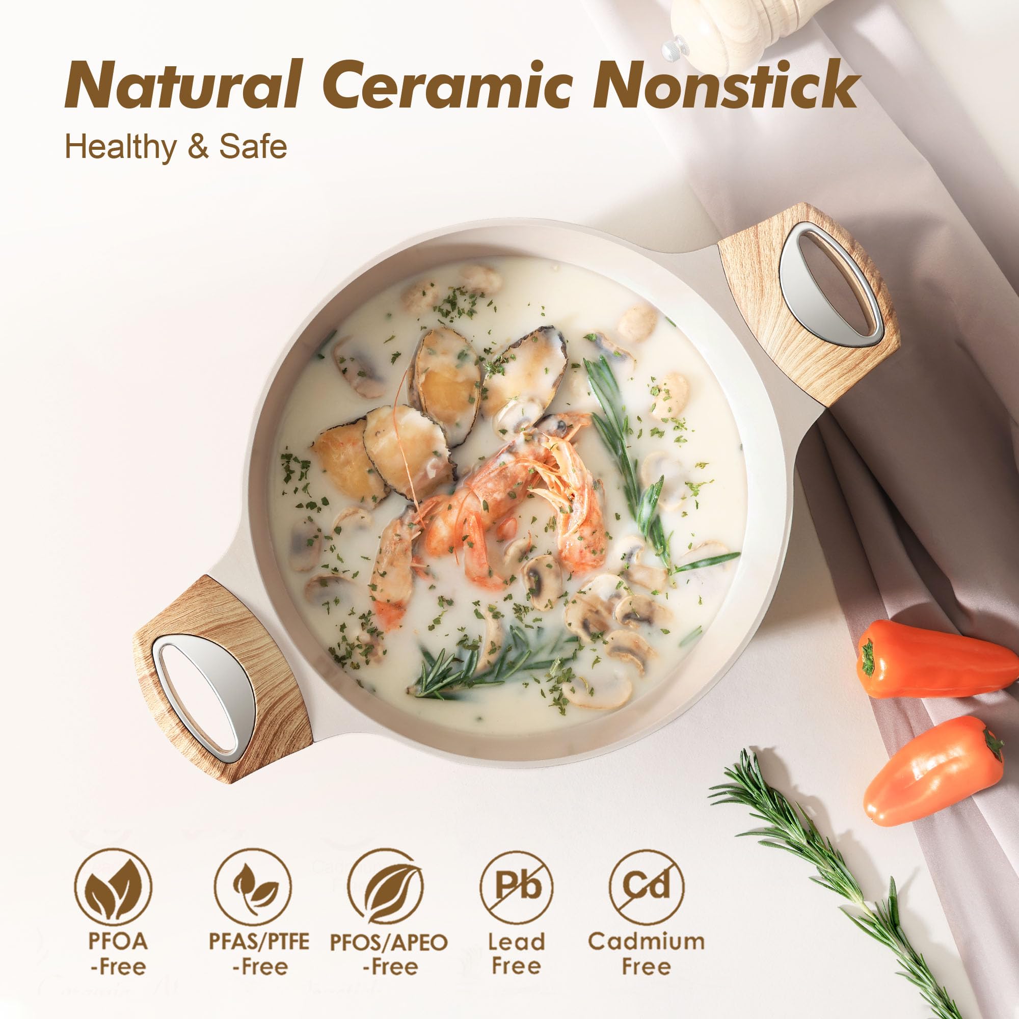 SENSARTE stock pot features a wood-grain handle for comfortable lifting.