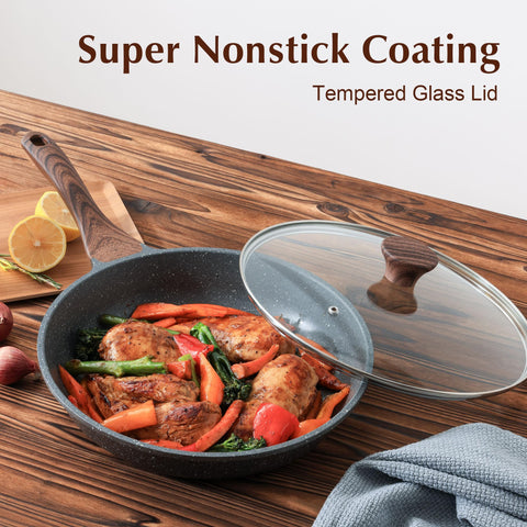 Sensarte woodgrain handle on the nonstick pan provides a cool, comfortable grip.