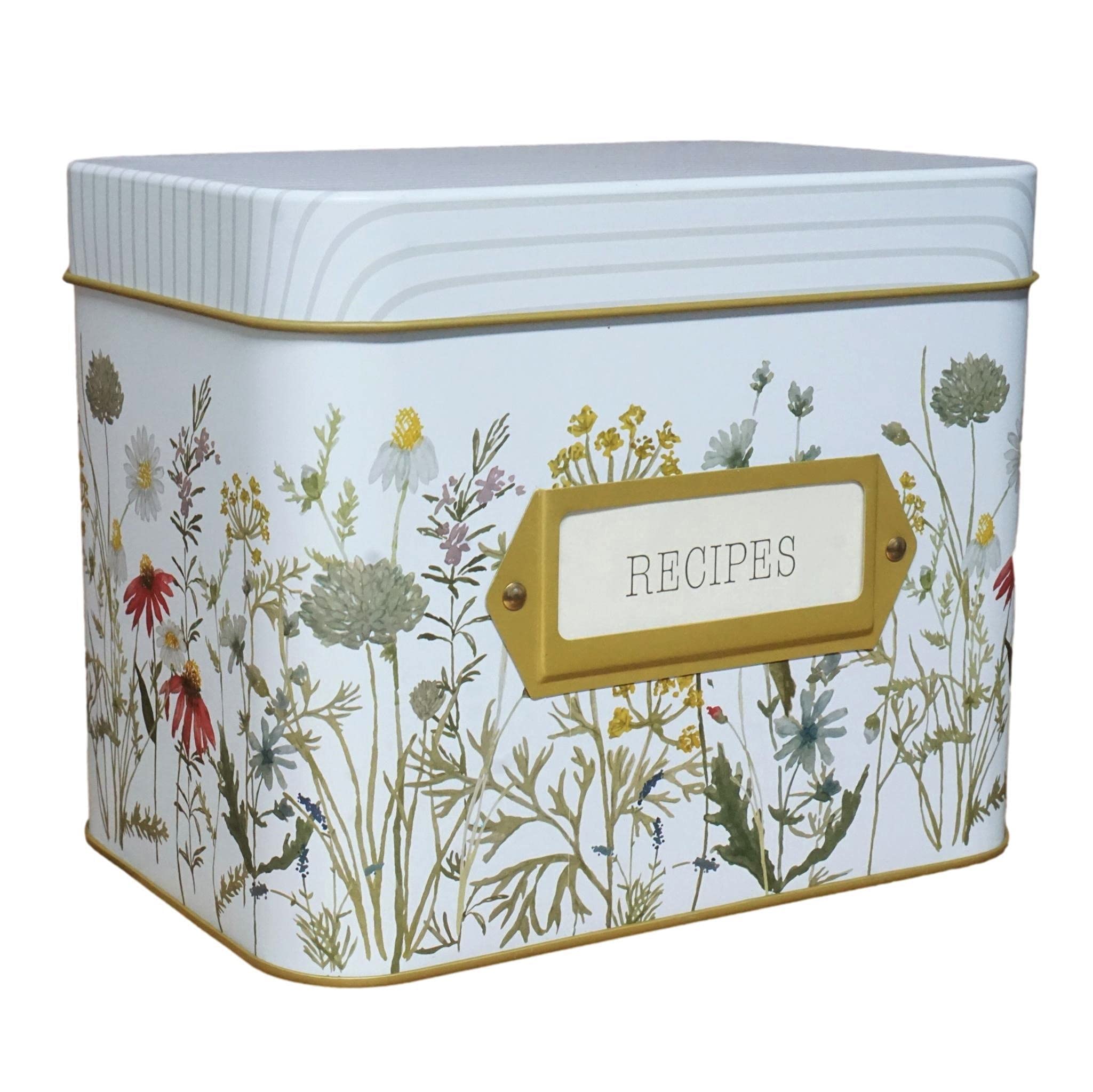 SENSORY4U tin recipe box with wildflower lid keeps cherished family recipes organized.