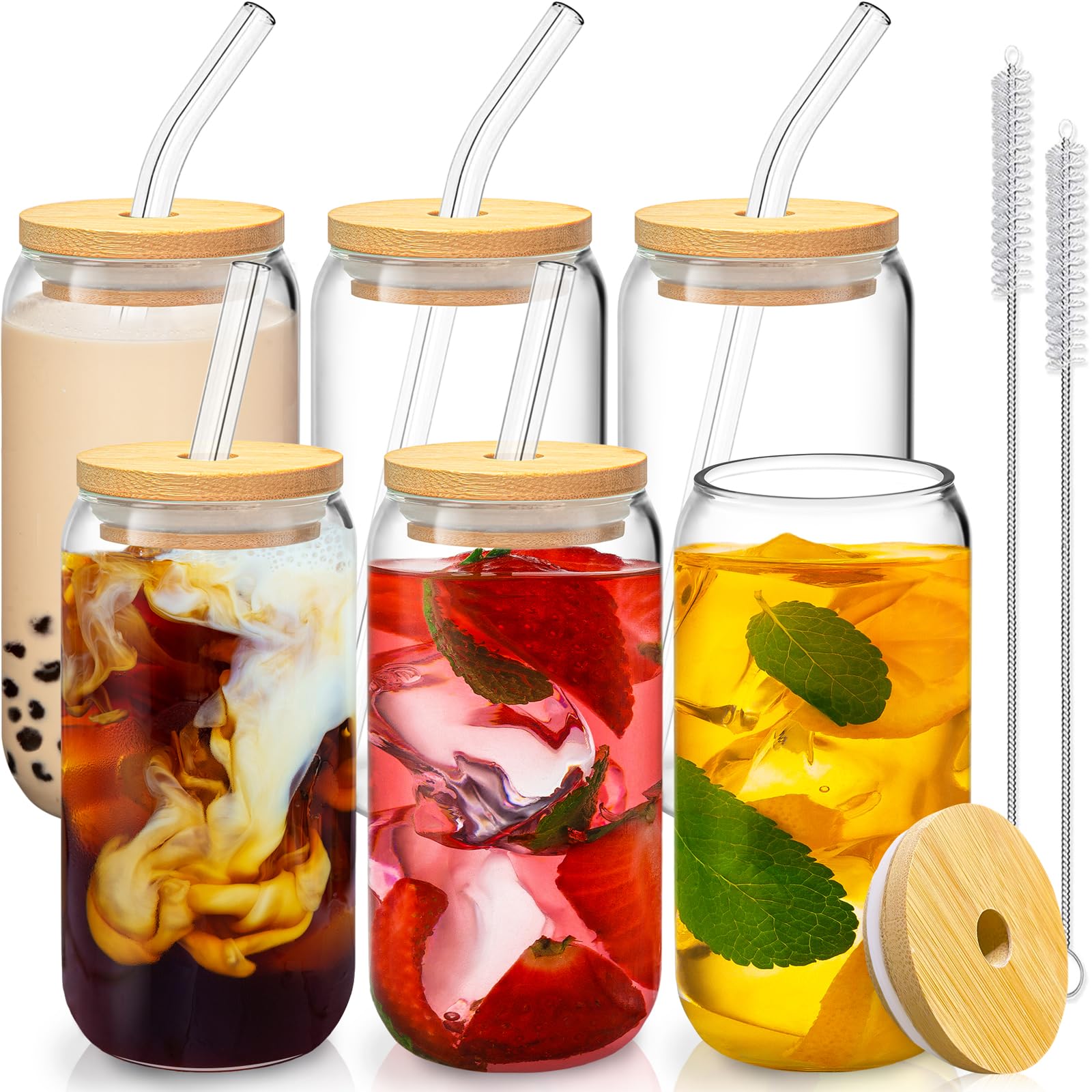 SENTVEND 16oz glass cups with bamboo lids for iced coffee and cocktails.