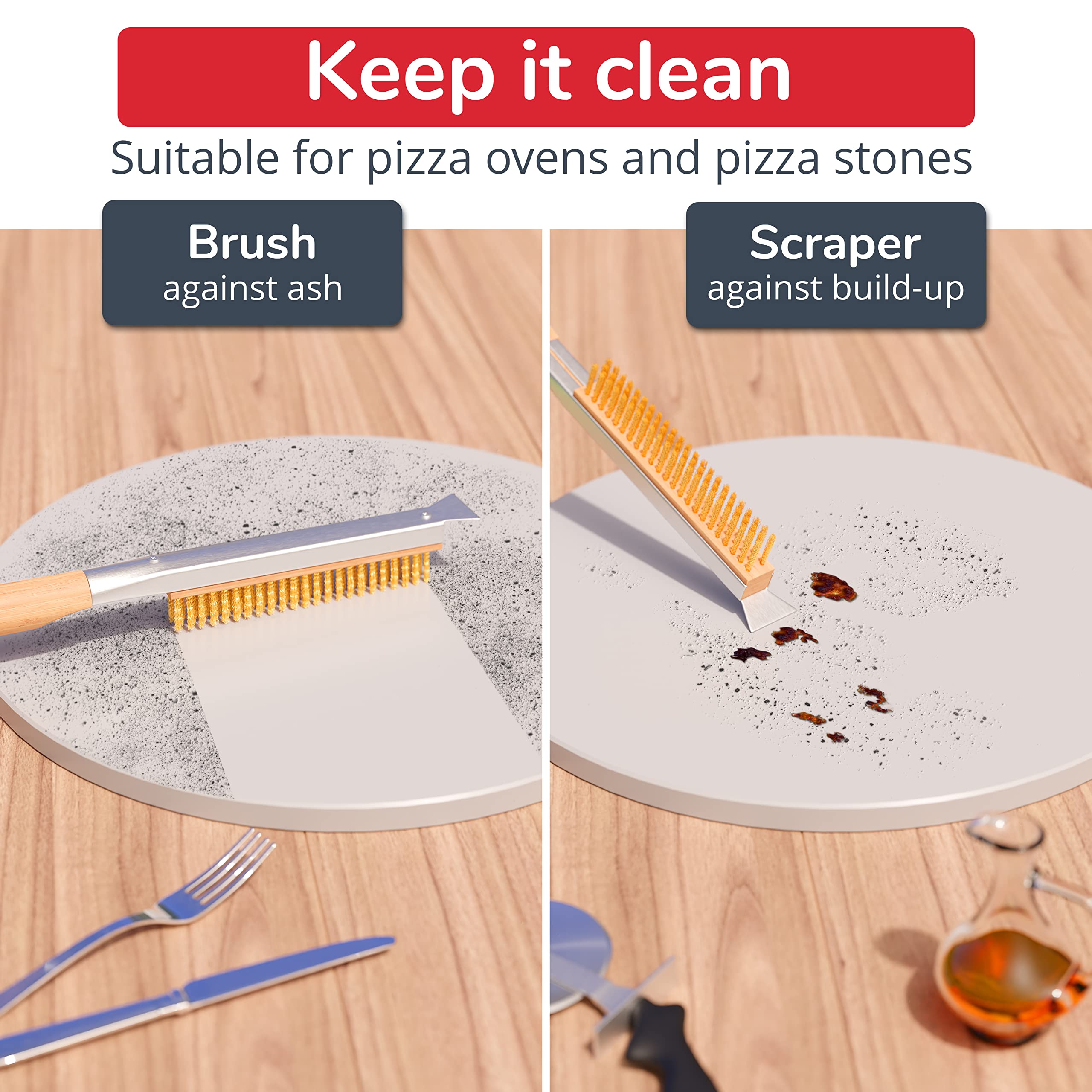 Senwosa pizza oven brush cleans baked residues from stone surfaces in action