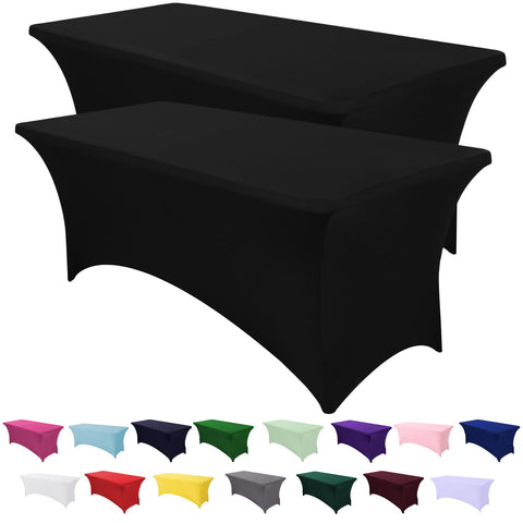 SEPARO 8ft black fitted spandex tablecloth drapes smoothly for a clean banquet setup.