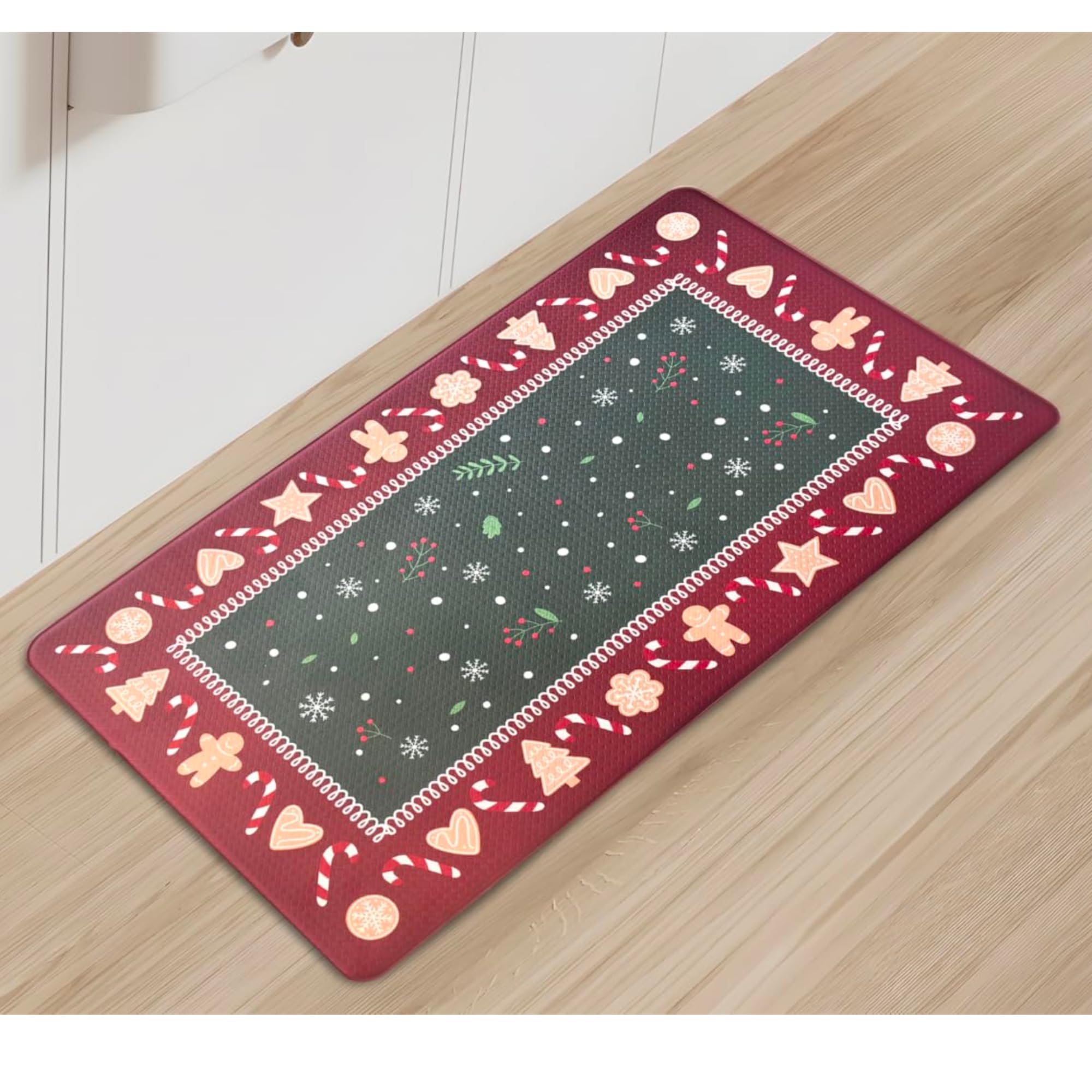 Serafina Home Christmas Kitchen Mat with dark gray center and snowflakes enhances festive cooking comfort.