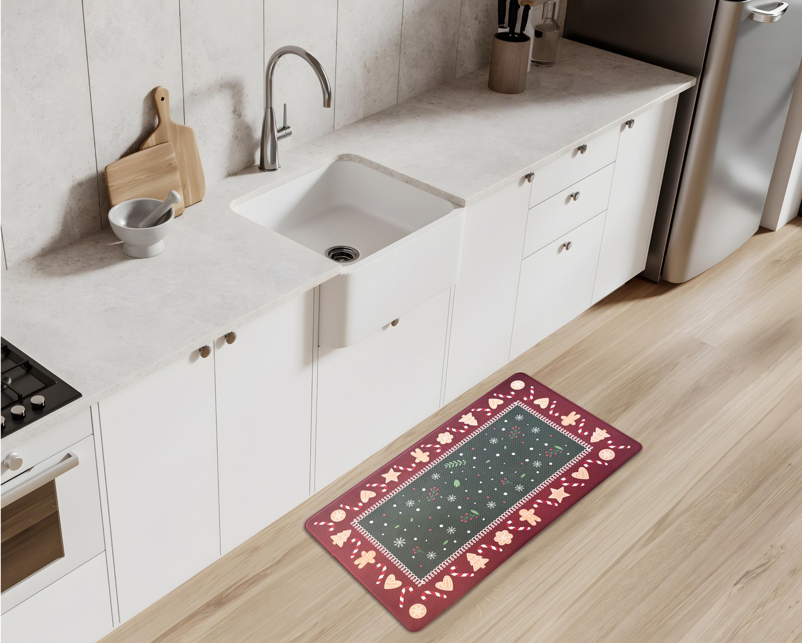 Serafina Home mat features a gingerbread border for charming holiday décor and easy cleanup.