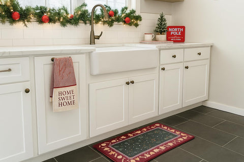 Serafina Home holiday motif design adds festive charm and resists everyday kitchen spills.