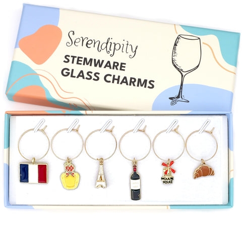 Serendipity France wine glass charms featuring the Eiffel Tower for quick glass identification at gatherings.