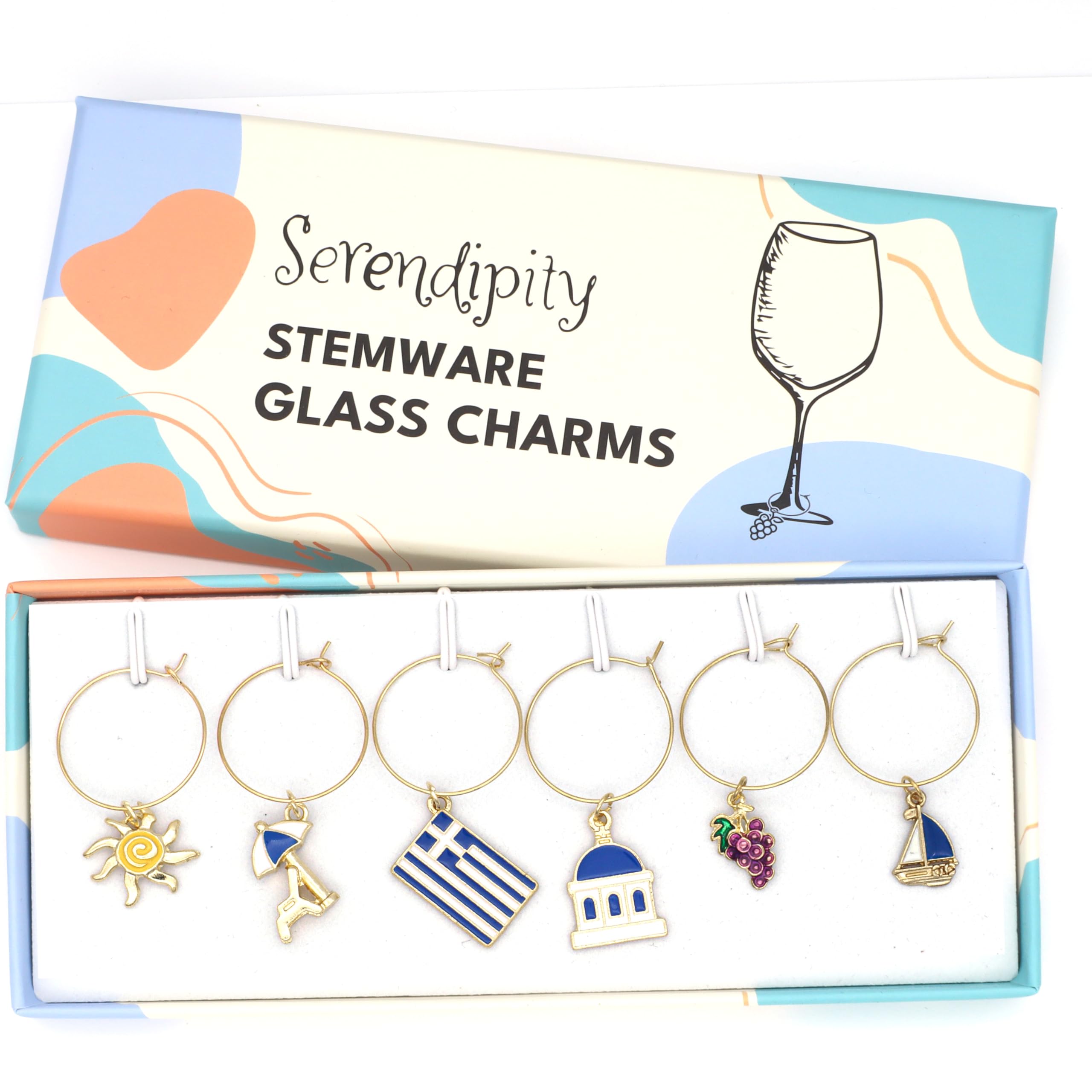 Serendipity Greek wine charms grape motif highlights Mediterranean dining vibes