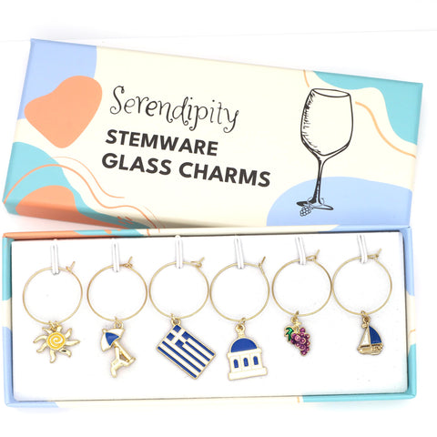Serendipity Greek wine charms grape motif highlights Mediterranean dining vibes