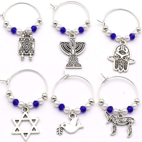 Serendipity wine glass charms with Chai and Star of David for elegant holiday ambiance